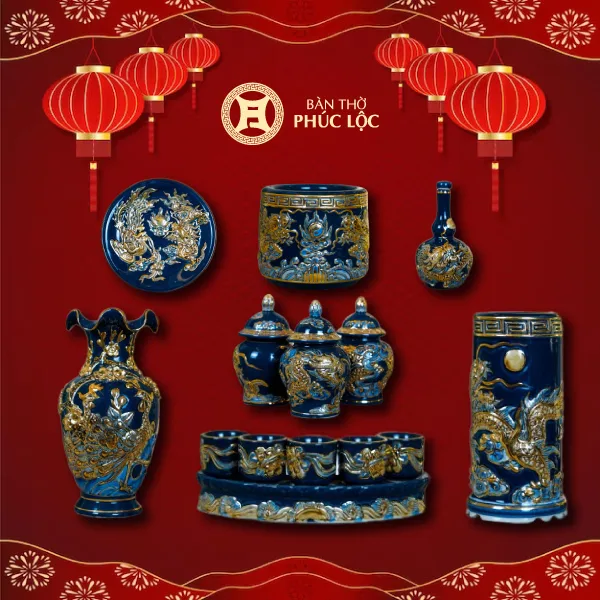 Bộ Đồ Thờ Bát Tràng Song Long Chầu Nguyệt